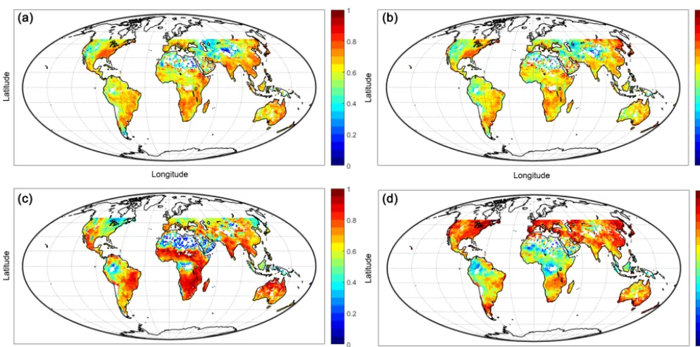 Figure 4. Global correlation of the 3B42RTA (ERA-Interim-SM2RAIN-3B42RT) for 3B42RT, ERA-Interim and SM2RAIN and Triplet B (ERA-Interim-SM2RAIN-CMORPH) for (a), CMORPH (b), SM2RAIN (c) and ERA-Interim (d) products obtained by TC using TripletCMORPH.