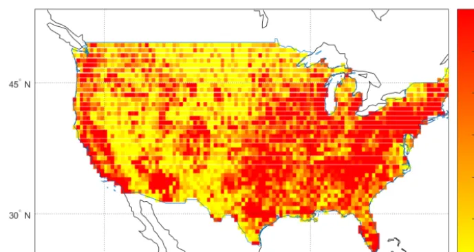 Figure 1. CPC gauge coverage during 2007–2012 expressed as average number of working rain gauges per day within each 0.25◦ spatialgrid cell.