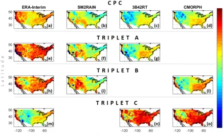 Figure 2. CPC-based (a–d) and TC-based (e–o) correlation coefﬁcient obtained for the triplets: (i) ERA-Interim-SM2RAIN-3B42RT (TripletA: e–g), (ii) ERA-Interim-SM2RAIN-CMORPH (Triplet B: h–l) and (iii) ERA-Interim-3B42RT-CMORPH (Triplet C: m–o) during theperiod 2007–2012 using an additive error model.