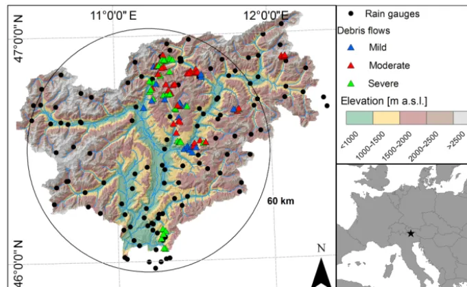 Figure 1. Map of the study area including terrain elevation, rain gauge network (dots), and debris ﬂows included in the study (triangles).Location of the study area within Europe is shown.