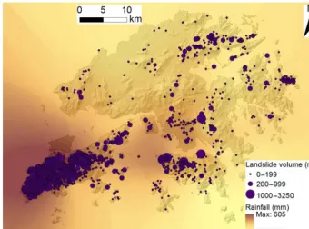 Figure 1. Spatial distributions of the maximum 24 h rolling rainfall and the landslides triggered in Hong Kong on 5–7 June 2008.