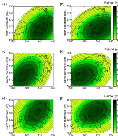 Figure 5. Trend surfaces of 24 h PMP withorientation 22.5 (a) NE–SW orientation 45◦; (b) ENE–WSW orientation 22.5◦ centered at Hong Kong Island;(c) NE–SW orientation 45◦; (d) ENE–WSW orientation 22.5◦ centred at Lantau Island; (e) NE–SW orientation 45◦; and (f) ENE–WSW◦ centred at Tai Mo Shan (modiﬁed from AECOM and Lin, 2015).