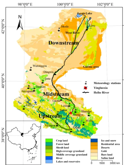 Figure 1. Location of the Heihe River basin (HRB). Land coverdata (2011) are available at the WestDC database (http://westdc.westgis.ac.cn/).