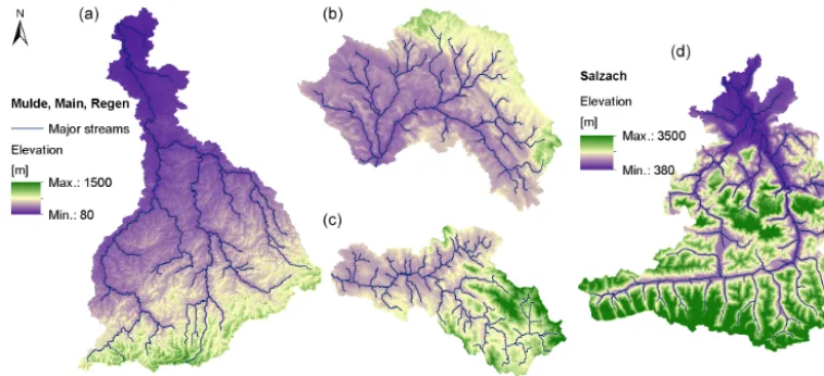 Figure 2. Values of total pore volume of the Mulde (a), upper Main (b), Regen (c), and AWC of the Salzach (d).