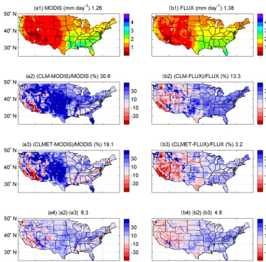 Figure 5. Mean annual ET from (a1) MODIS, (b1) FLUXNET-MTE, the relative differences between (a2) the CLM and MODIS, (b2)the CLM and FLUXNET-MTE, (a3) CLMET and MODIS, and (b3) CLMET and FLUXNET-MTE, and the differences between (a4) theabsolute value of (a