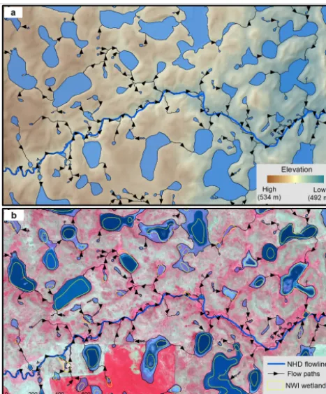 Figure 9. Examples of lidar-derived wetland depressions and ﬂowpaths in the Pipestem subbasin (image location: 47◦1′32.679′′ N,98◦59′48.82′′ W )