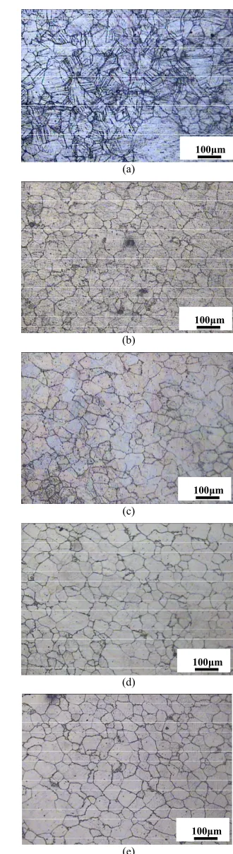 Figure 6. Optical micrographs of specimens: (a) Non-EPT and dynamic EPT with 126 Hz (b); 204 Hz (c); 265 Hz (d) and 309 Hz (e)