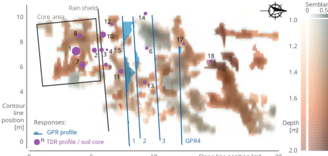 Figure 10. Potential subsurface structures from 3-D GPR survey and setup of hillslope experiment