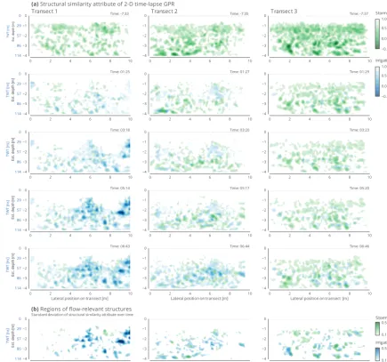 Figure 12. Structural similarity attribute in time-lapse 2-D GPR transects. Blue: irrigation event water; green: storm event water