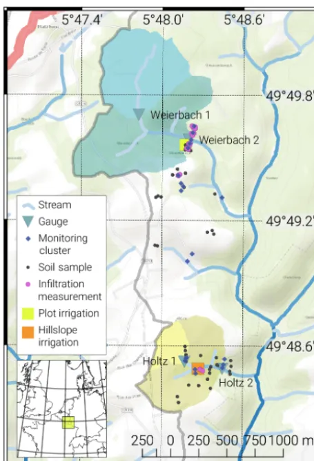 Figure 1. Map of the study sites in the upper Attert basin, Luxem-bourg.