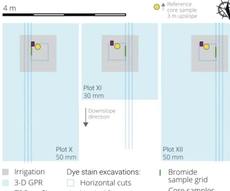 Figure 2. Plan view layout of the plot-scale irrigation experiments.D time-lapse GPR (blue rectangles) and TDR (soil moisture tubeprobe, red box)
