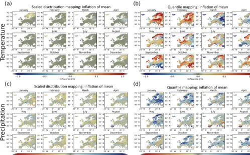 Figure 7. The amount of inﬂation (or deﬂation) introduced to the raw model projected change to the mean by the SDM and QM methods.The mean climate change was evaluated between the periods 2071–2100 and 1971–2000
