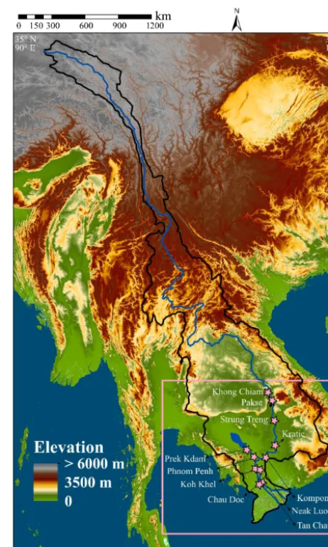Figure 1. Map and digital elevation of the Mekong River basin(area = 795 000 km2) and its delta