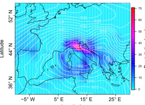 Figure 1. Sea level pressure and total precipitation on 6 Febru-ary 2015, when the coastal area of Ravenna (indicated by the yellowdot) was hit by a compound ﬂooding.