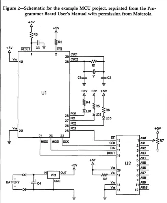 Figure 2-Schematic for the example MeU project, reprinted from the Pro-grammer Board User's Manual with permission from Motorola