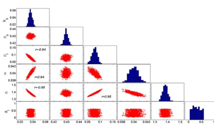 Figure 2. MCMC solutions for the transport scenario 1. The diagonal plots represent the inferred posterior probability distribution of themodel parameters