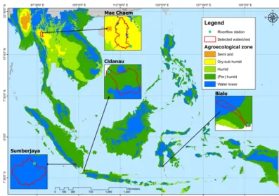 Figure 1. Location of the four watersheds in the agro-ecological zones of Southeast Asia (water towers are deﬁned on the basis of its abilityto generate river ﬂow and being in the upper part of a watershed).