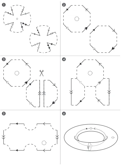 Figure 2.4: A step-by-step construction starting with the two-sheeted representation of VQ