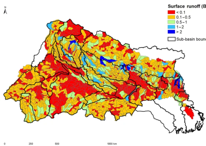 Figure 2. Mean annual runoff of the 1684 sub-basins (1991–2010).