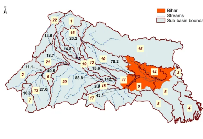 Figure 3. Sub-basin-scale annual dependable runoff (SR75) in the Ganges River basin (1991–2010).