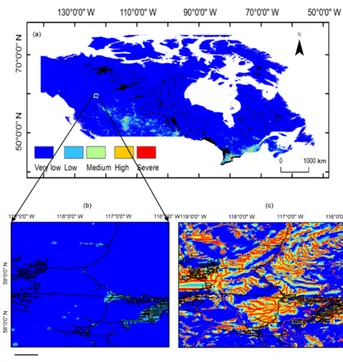 Figure 7. Classiﬁed ﬂood exposure map for Canada. Severe and high exposure are concentrated around urban centres in the southern part ofthe country