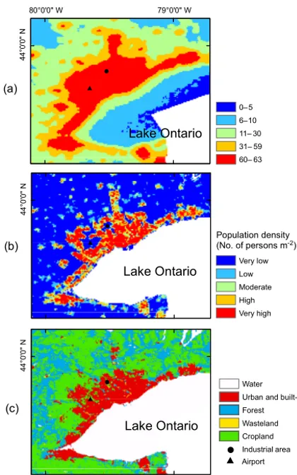Figure 9. Comparison of population distribution and nightlightsover Greater Toronto Area: (a) classiﬁed nightlights for the areawith locations of the airport and a major industrial area, (b) popula-tion density over the area, and (c) land-use map of the area indicat-ing urban extent.