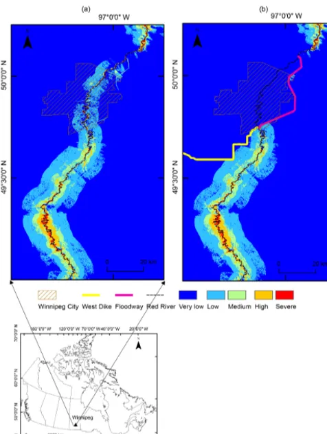 Figure 6. Hazard map for the Red River in Manitoba:considering ﬂood protection structures in delineating hazard zonesand (a) without (b) considering ﬂood protection.