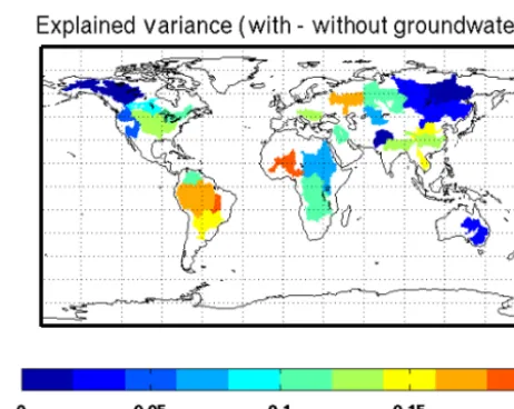 Figure 6. The differences between the explained variance valuesfrom WGHM with and without groundwater.