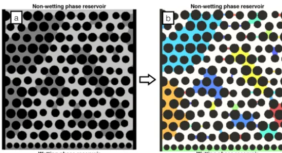 Figure 3. Phase connectivity has a direct impact on the meaning of the macroscale experimental measurements: (a) experimentally observedphase conﬁguration corresponding to irreducible wetting-phase saturation, and (b) connected components analysis shows al