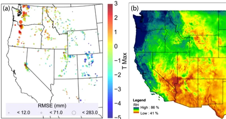 Figure 3. The optimized critical maximum daily temperature threshold that produced the lowest root mean square error (RMSE) in theprediction of snowfall at Snow Telemetry (SNOTEL) stations across the western USA (adapted from Rajagopal and Harpold, 2016).(b) Precipitation-day relative humidity averaged over 1981–2015 based on the Gridmet dataset (Abatzoglou, 2013).