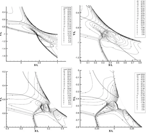 Figure 4. Evolution of the shock interference pattern (M=9.95,β=23.57 deg) with enlarged view around the impingement location