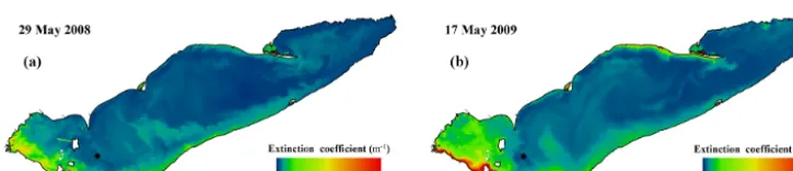 Figure 10. Temporal and spatial variation of satellite-derived Kd in Lake Erie for different months of a year: May–August 2010