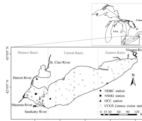 Figure 1. Maps showing Lake Erie in Laurentian Great Lakes andthe location of stations where different parameters were measured.NDBC: National Data Buoy Center