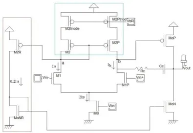 Fig 4(a) Schematic diagram of Class AB two-stage op-amp with current replicating branch 