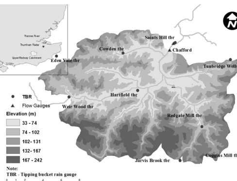 Figure 1. Map of rain gauges and ﬂow gauge locations on the Upper Medway catchment (source: Zhu and Cluckie, 2012).