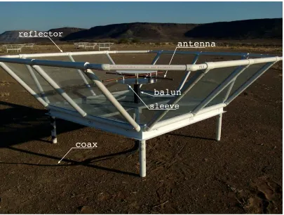 Figure 2.1: A PAPER station is designed to be very wide bandwidth and ﬁeld-of-view. The crossed-dipoles are sandwiched between steel plates that act as frequency broadening sleeves, while thetrough reﬂectors limit sensitivity at low elevations without intr