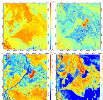 Figure 6. Maps of the four energy components, (a) Rn, (b) G, (c) H, and (d) LE, calculated by TSFA on 13 September 2012.