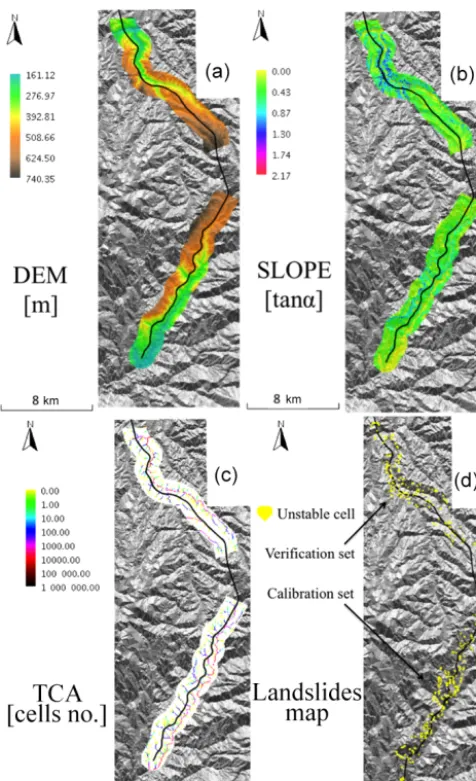 Figure 2. Test site. (a) Digital elevation model (DEM) (m),(b) slope (–) expressed as tangent of the angle, (c) total contributingarea (TCA) expressed as number of draining cells, and (d) map ofactual landslides.