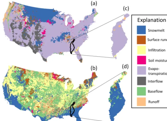 Figure 5. Precipitation–Runoff Modeling System parameter sensitivity organized by process ranked for each hydrologic response unit foron the topthe entire conterminous US – maps (a) and (b) – and for the Apalachicola–Chattahoochee–Flint River Basin – maps 
