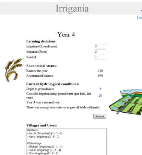 Figure 1. The student (farmer) web-interface during a game of Irri-gania showing the “Farming decisions” taken for Year 4, the “Eco-nomical status” based on Years 1–3, and “Current hydrological con-ditions” to base the current year’s decisions on.