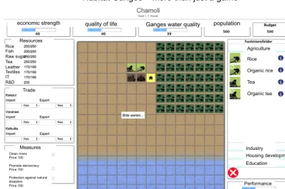 Figure 4. Initial stages of game development with idea boards. Board 1 (left) shows a hypothetical game board with options for introducinga pipeline (Leitung), farmyard (Bauernhof), groundwater source (Grundwasser Feld), well (Brunnen), forest (Wald), and 