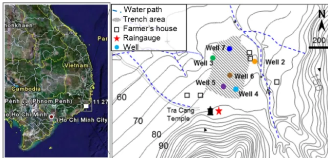 Figure 1. The location of the trenched area, rain gauge, and constructed wells. The study area is the shaded area on the lower map