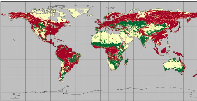 Figure 4. Global blending map illustrating where active sensors (red), passive sensors (yellow) and the average of both (green) is used togenerate the ESA CCI SM product (modiﬁed from Liu et al., 2012).