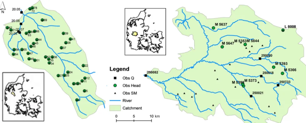 Figure 1. Left: Karup catchment; right: Ahlergaarde catchment. “Obs Q”, “Obs Head” and “Obs SM” represent discharge, groundwater headand soil moisture observations respectively used for assimilation.