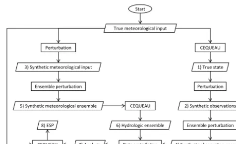 Figure 3. Flowchart for the production of ensemble streamﬂow pre-dictions obtained from various data assimilation scenarios.