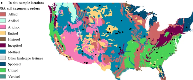 Figure 1. Map of soil taxonomic classiﬁcation over the continental USA using the 12 US soil taxonomic orders (data source: United Nations,2007), and M