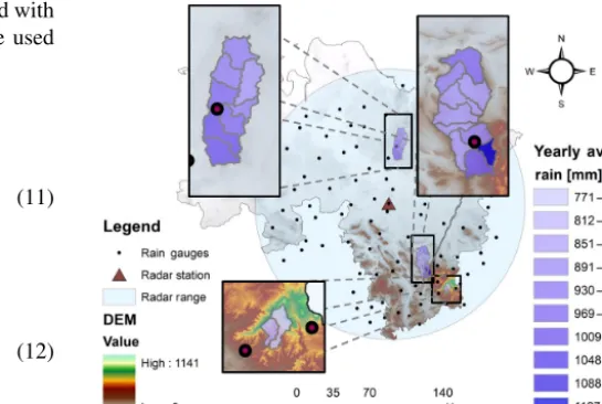 Figure 1. Study area, catchments, station network and mean annualprecipitation (MAP) from 2006 to 2010 from radar data