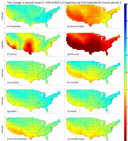 Figure 8. The change in the annual mean P –ET0 of the RCP 4.5 scenario by 10 different evapotranspiration methods