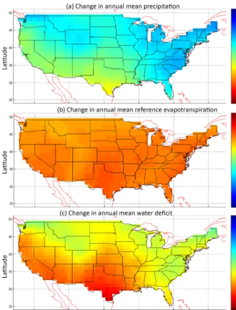 Figure 2. The change in the annual mean (a) P , (b) ET0, and (c) P –ET0 over the US. All units are mm day−1 and the change is deﬁnedas the mean of 2070–2100 minus that of 1950–2005