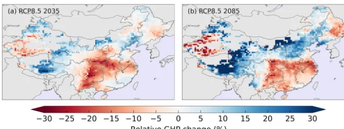 Figure 4. Medians of relative changes in the annual mean GHPs for 2020–2050 (a) and 2070–2099 (b) compared to the historical period(1971–2000) across the ensemble of GCM-GHM combinations under RCP8.5.